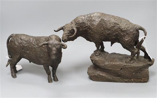 Two bronze models of bulls, one on naturalistic base, both signed F Martin, dated 05 and one numbered PA/3, H 24cm x W 30cm